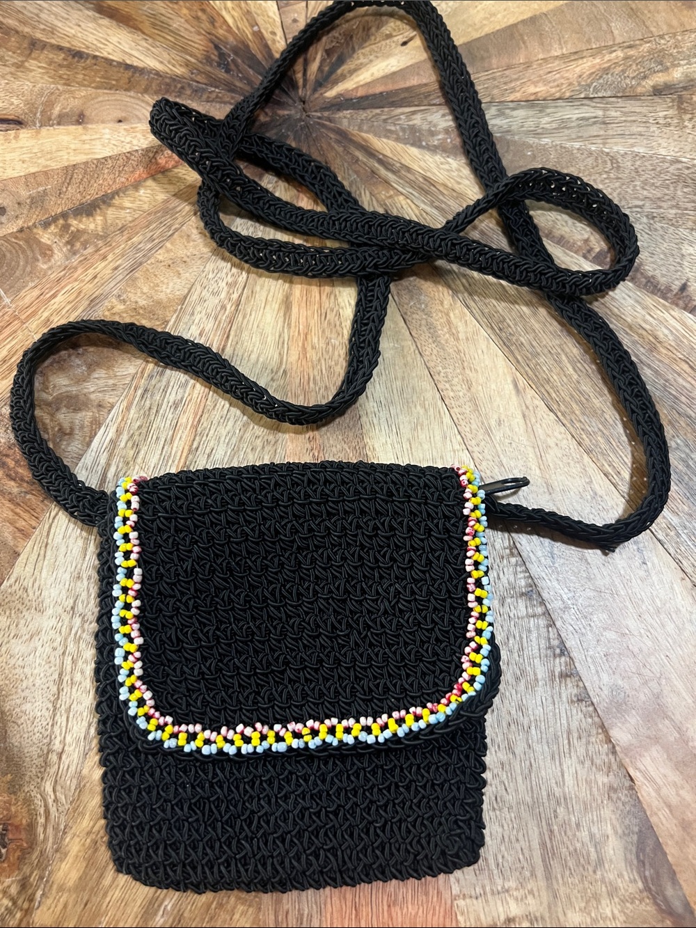 Vintage Black Crochet Crossbody Bag with Multicolor Bead Trim
